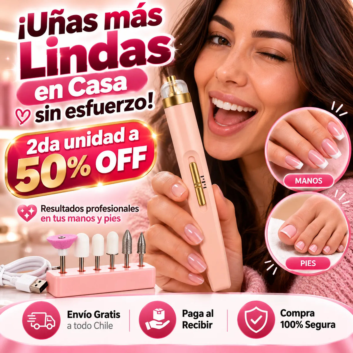 Pulidor de Uñas Recargable + 5 cabezales