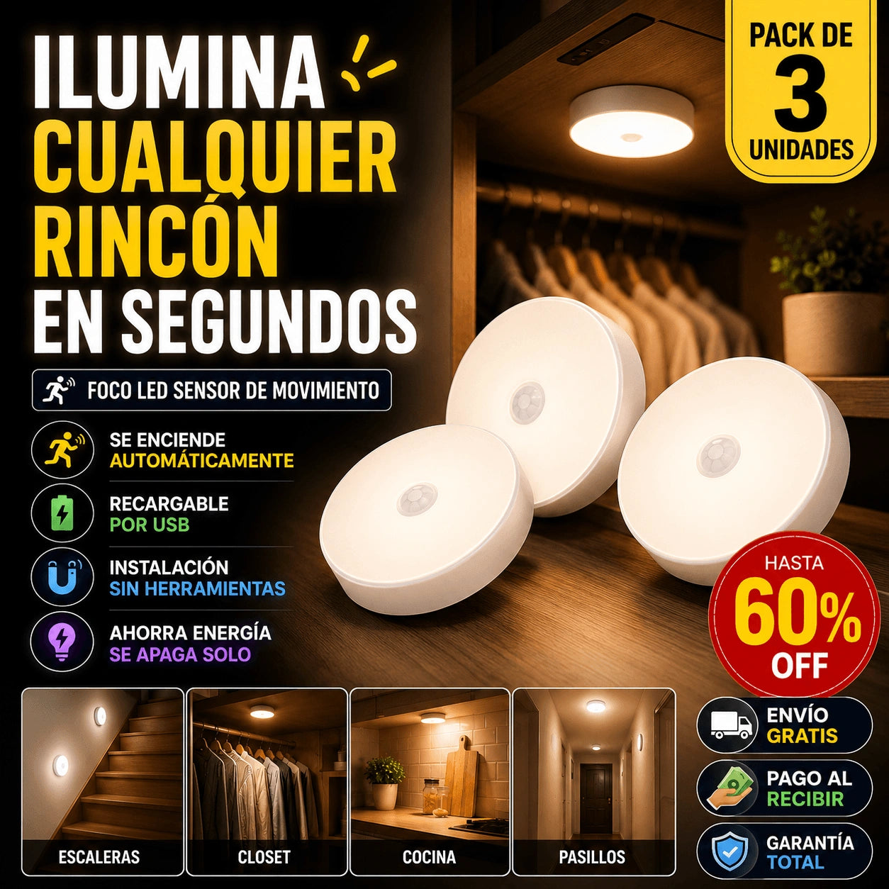 Foco Led Sensor de Movimiento - Pack 3