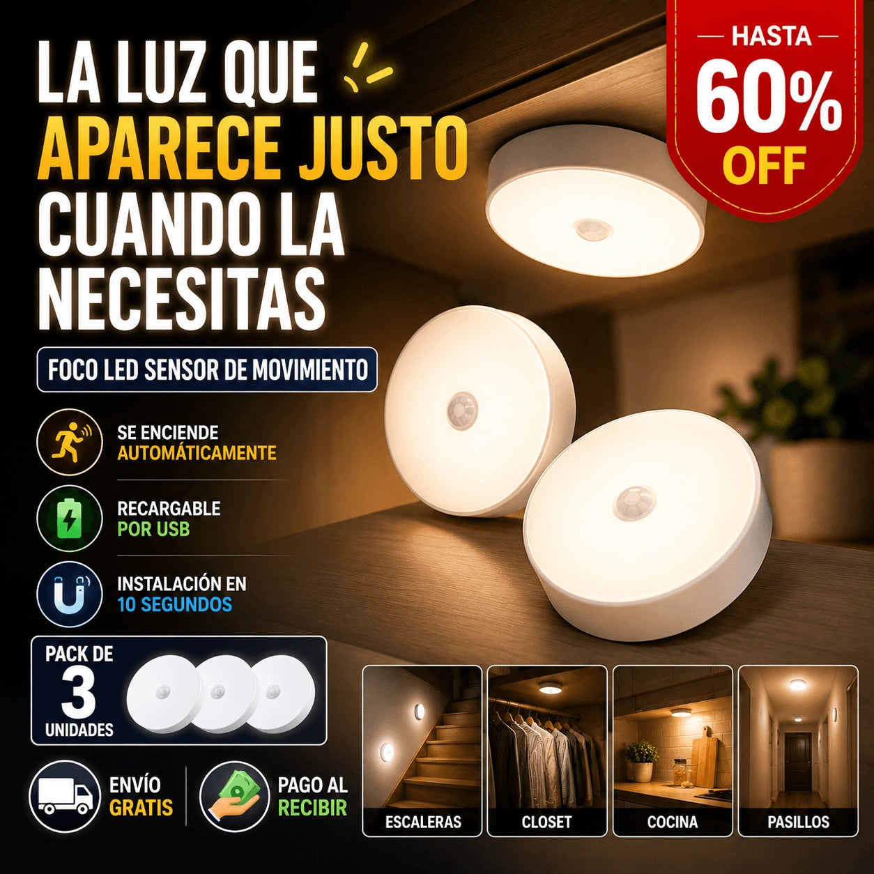 Foco Led Sensor de Movimiento - Pack 3