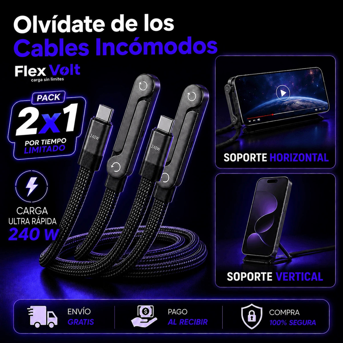 FlexVolt | Cable Carga Ultra Rápida con Soporte - 2x1